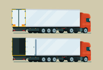 Cargo truck with trailer two angle set. Truck with open cargo door. Vector flat style illustration.