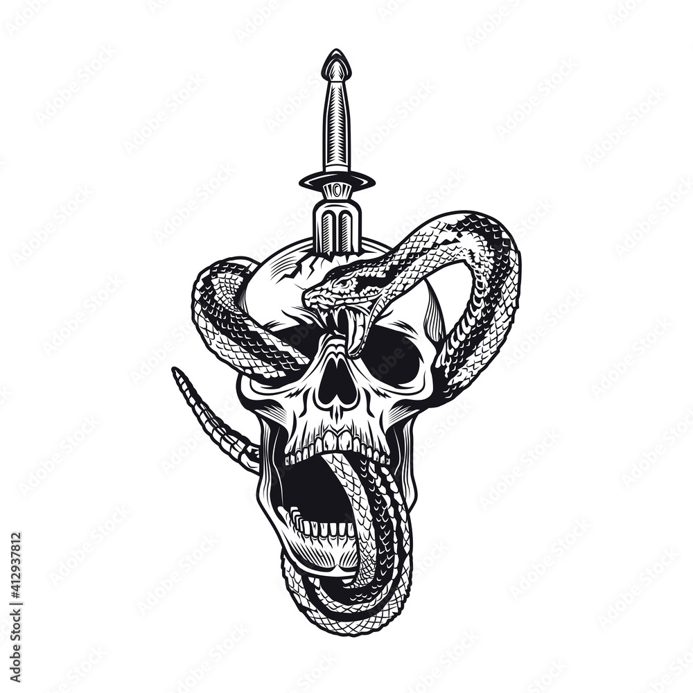 Aufkleber tattoo design with snake and dagger skull. monochrome element with skeleton head and sword vector il
