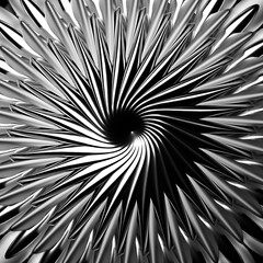 3d render of abstract art with surreal machinery industrial part of turbine engine flower or wheel in spherical spiral twisted shape with fractal structure in matte aluminum metal with silver parts