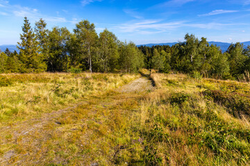 Panoramic view of grassy Leskowiec peak in Little Beskids with Babia Gora peak in southern Beskidy mountains near Andrychów in Lesser Poland © Art Media Factory