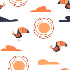 seamless pattern with cute baby toucan, sun and clouds on white backgroun