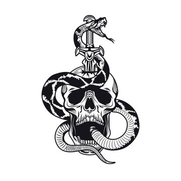 Tattoo design with snake and skull. Monochrome element with skeleton head and sword vector illustration. Wild animal gothic concept for symbols and labels templates
