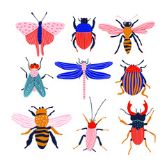 Funny insects. Set with spring and summer insects. Hand drawing illustration. Bug species and exotic beetles icons collection.
