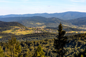Panoramic view of eastern Beskidy mountains from Gron Jana Pawla II - John Paul II peak in Little Beskids mountains near Andrychow in Lesser Poland © Art Media Factory