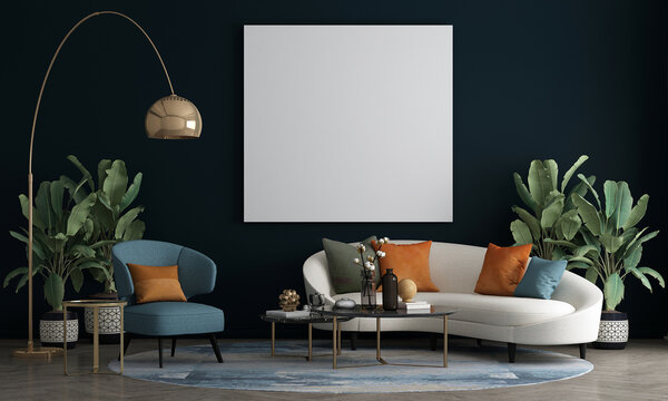 The Mock up canvas frame and furniture design in modern interior background, living room, Scandinavian style, 3D render, 3D illustration 