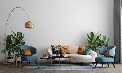 The Mock up furniture design in modern interior and white wall background, Cozy living room, Scandinavian style, 3D render, 3D illustration  © teeraphan