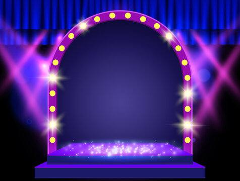 Background with blue curtain, podium, spotlights and retro arch banner. Design for presentation, concert, show