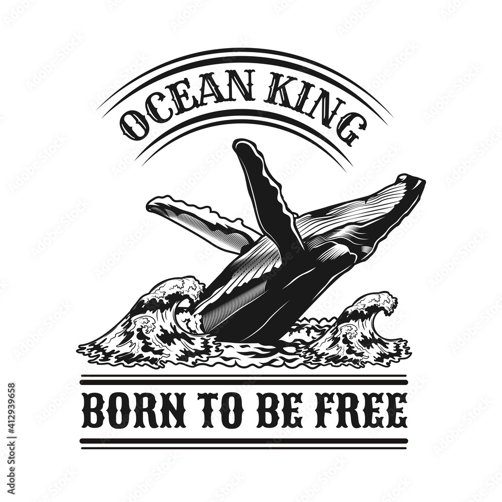Aufkleber black emblem with whale in waves. monochrome design elements with whale swimming in ocean and text. 