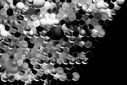 3d render of abstract art of surreal black and white monochrome decorative background based on small and big balls or spheres in glass white glossy plastic and matte aluminum metal material