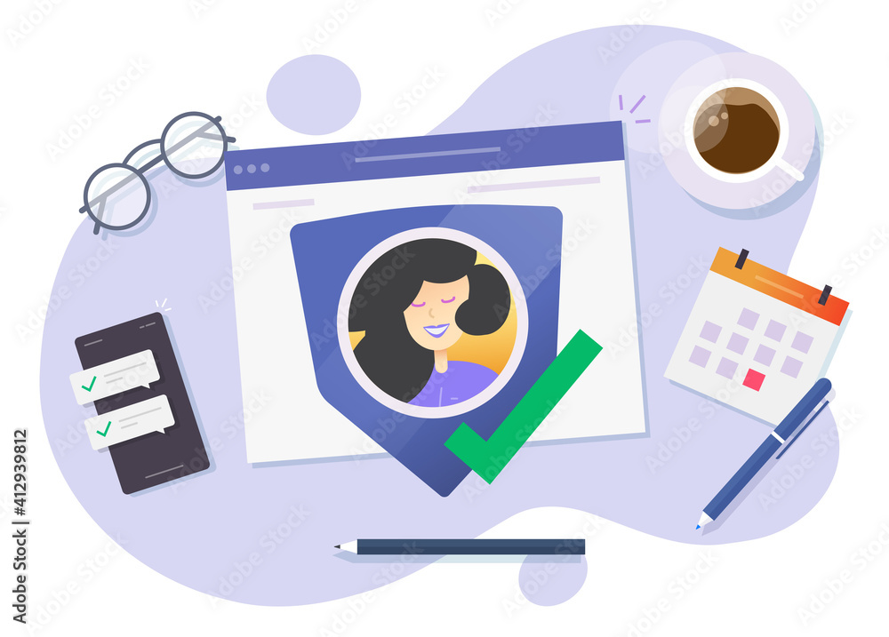 Poster internet secure data check technology vector concept, flat cartoon illustration of network success p