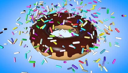 Chocolate donut with confetti on a blue background, close-up. With mestre for text. Illustration for a confectionery firm. 3D render.