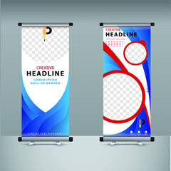 red and blue color mix roll up banner template design