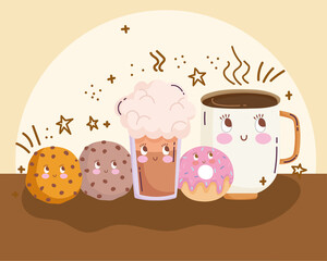 Naklejka premium Food cute coffee cup donut cookies and smoothie cartoon
