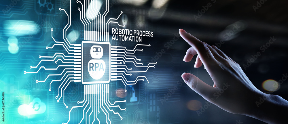 Poster rpa robotic process automation innovation technology concept on virtual screen.