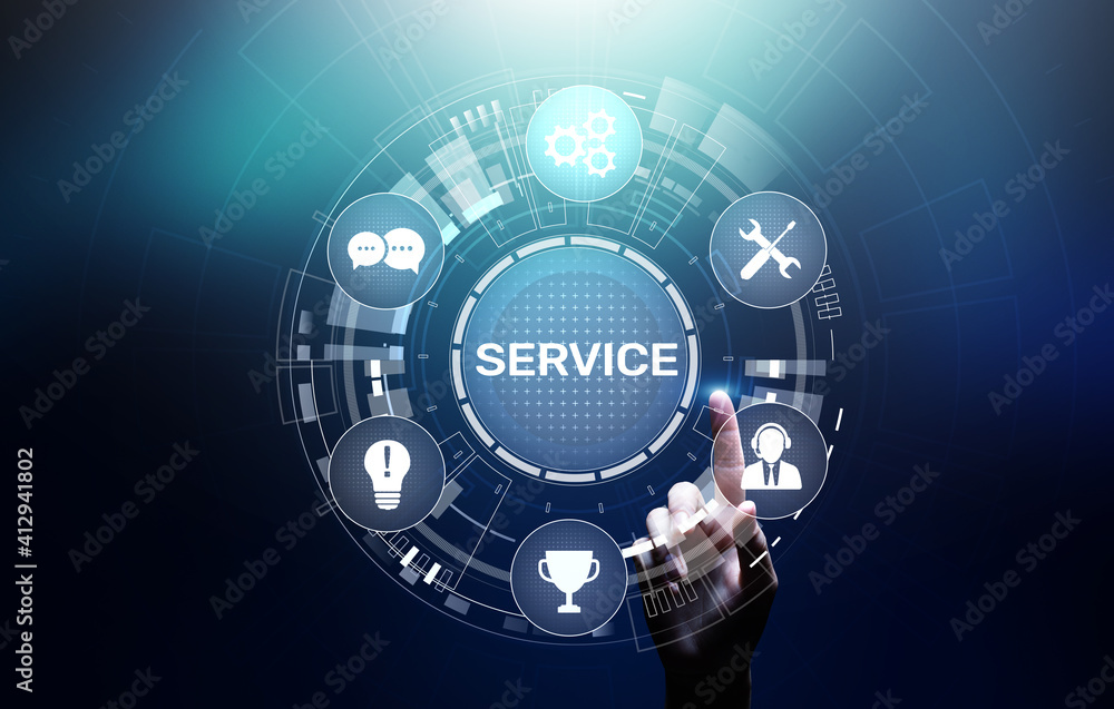Poster service support customer help call center business technology button on virtual screen.