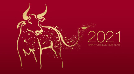 Happy Chinese new year 2021 year by gold brush stroke abstract paint of the ox isolated on red background.