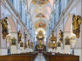 Interior of St. Peter's Church (Alter Peter) in Munich, Germany. This is the oldest church in the...