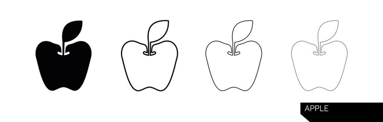 Apple icon. Apple silhouette vector icon illustration in black color isolated on white background. Apple icon in different thicknesses. Modern line art design.