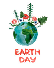 Earth day planet with watercolor flowers. Template for decorating designs and illustrations.