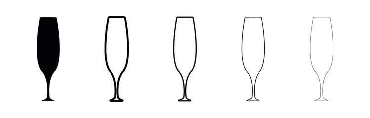 Wine glasses silhouette set. Thin long mug. Different thickness glasses. Glass in black color isolated on white background. Silhouette drinking glass icon set. Modern line art design.