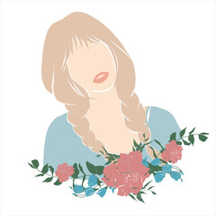 Abstract young girl portrait with braids and with pink flowers, green branches 