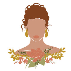Abstract illustration of dark skin young girl with earrings and with flowers, leaves