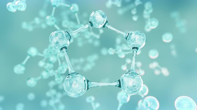 Individual atoms vibrate and combine into pentagonal molecules. The concept of creating a new structure, innovative product, medicine, material.