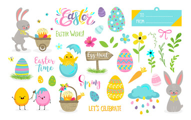 Set of cute Easter cartoon characters and scrapbooking elements. Easter bunny, chickens, flowers, lettering, kawaii eggs.