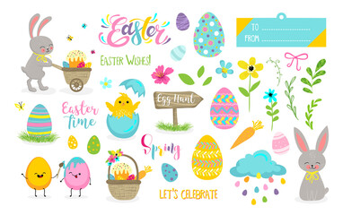 Set of cute Easter cartoon characters and scrapbooking elements. Easter bunny, chickens, flowers, lettering, kawaii eggs. © marianna_p