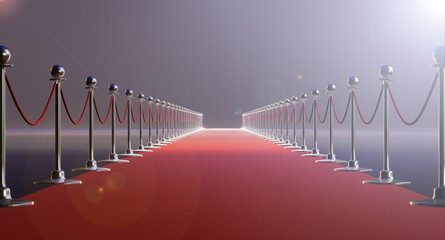 Red carpet and velvet ropes on gala night background. 3D illustration. Background