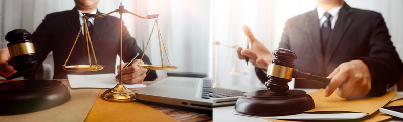 Business and lawyers discussing contract papers with brass scale on desk in office. Law, legal...