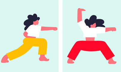 Wushu woman poster. Scandinavian flat vecor Asian woman. Taiji pose. Karate position. Cartoon trendy style of people set. Sport woman set banners