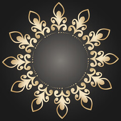 Golden frame with lace ornament in circle on black background. Art deco. Luxury gold round mandala, hand draw design. Ethnic motif. Abstract vector illustration. Template design for invitation