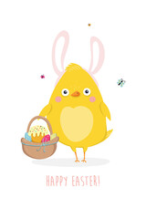 Easter card with cute chickens . Easter greeting card.