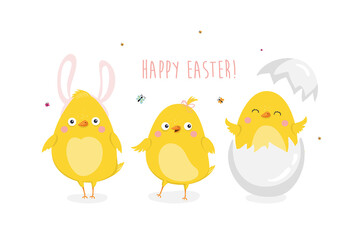 Easter card with cute chickens . Easter greeting card.