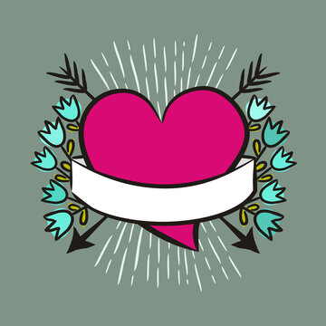 Hand drawn heart with arrows and wrapped with white ribbon for text. Blue tulips on a dark background. Vector illustration on the theme of love, wedding and Valentine's Day