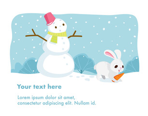 Bunny rabbit steals carrot nose from Christmas snowman and runs away.Puzzled snowman with bucket hat,scarf in trouble raising his hands up.Merry christmas, happy new year greeting card with copy space