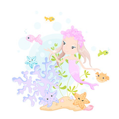 Obraz na płótnie Canvas Cute little beautiful cartoon mermaid and star fishes vector colorful clip art on white background