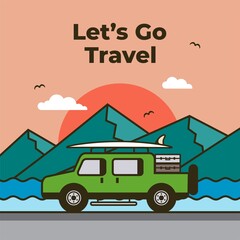 Adventure car with luggage and surfing board vector illustration. Road trip with nature view icon.