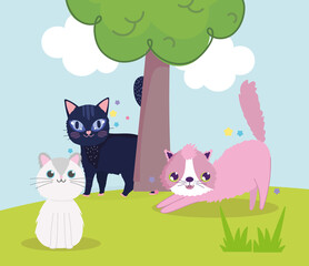 cute cats in the meadow with tree cartoon