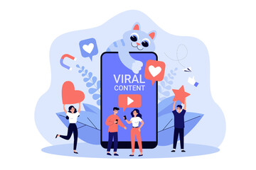 Social media users giving likes to viral video content with cute cat. Tiny bloggers with internet symbols and smartphone screen. Vector illustration for blogging, digital marketing, smm concept