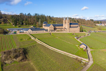 Bird's eye view of St. Hildegard Abbey near Rüdesheim / Germany in winter on a snow-free sunny day 