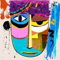 Rolgordijnen abstract face or mask, with paint strokes and splashes, african inspired © Kirsten Hinte