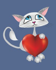 composition with a red heart and a cat for lovers' holiday 