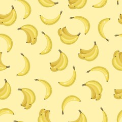 Fruit seamless pattern with cartoon bananas on yellow background, vector illustration.