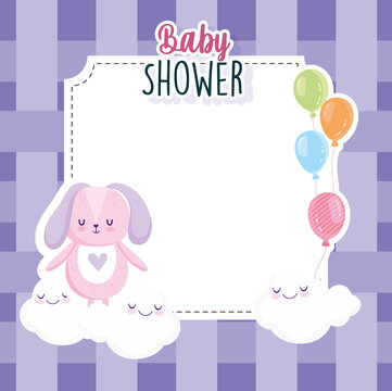 Baby shower, bunny with balloons clouds and checkered background card