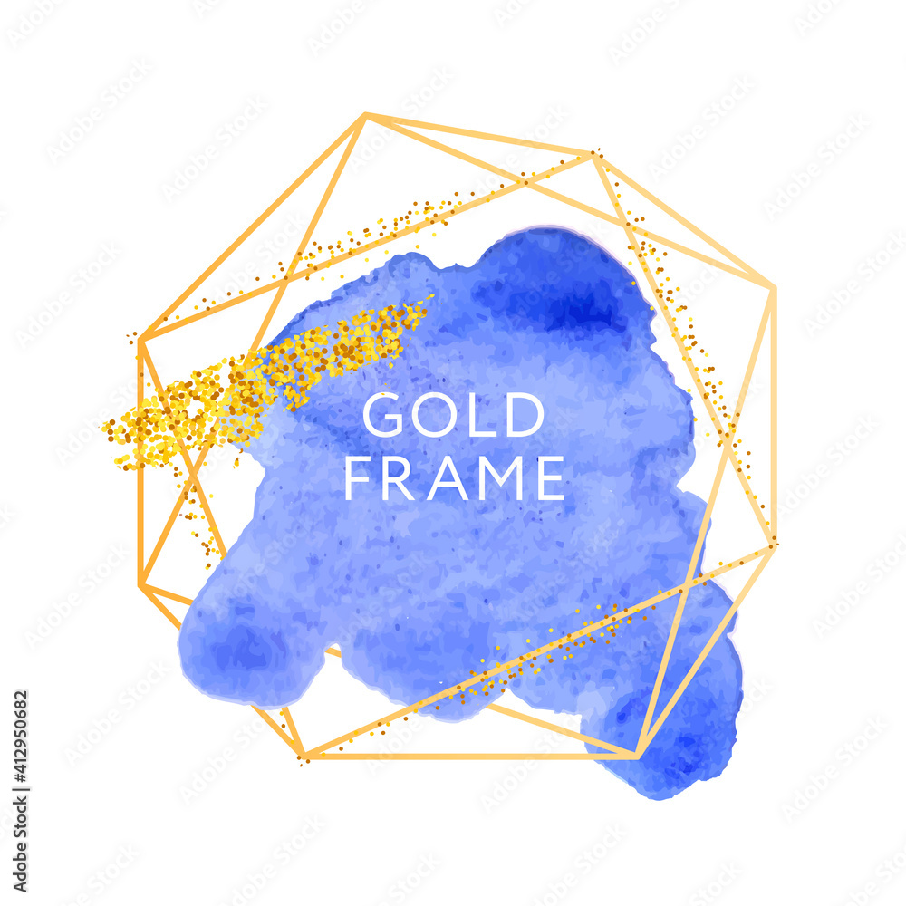 Sticker Blue Abstract stylish watercolor background Gold frame Vector illustration