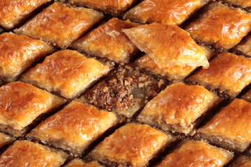 Traditional Turkish dessert Baklava. With walnuts and pistachios.