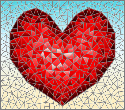 Illustration in stained glass style with an abstract red heart on a blue background, rectangular image