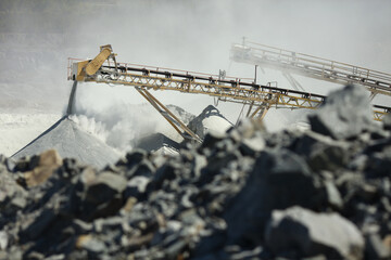 Stone crushing equipment at the mining factory. Quarry mining machinery.
